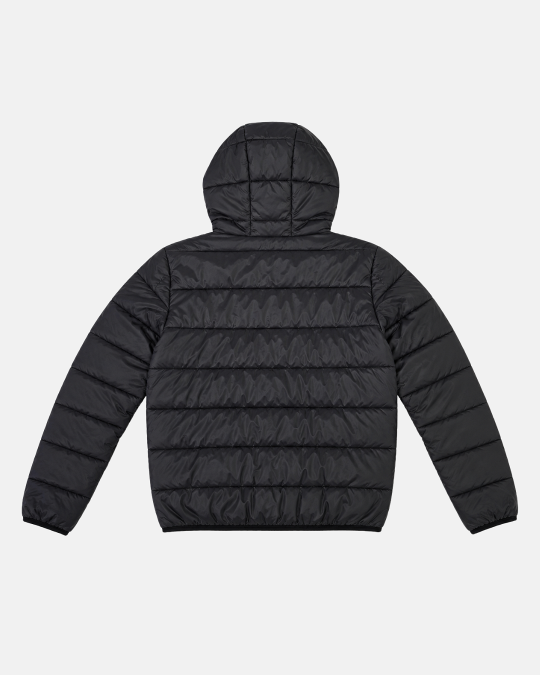 A 26-27 Padded Crest Jacket by Panthersland, shown from the back on a plain white background. This black jacket features horizontal quilted sections, long sleeves, a hood, and is finished with a distinctive silicone crest inspired by the Nottingham Panthers.