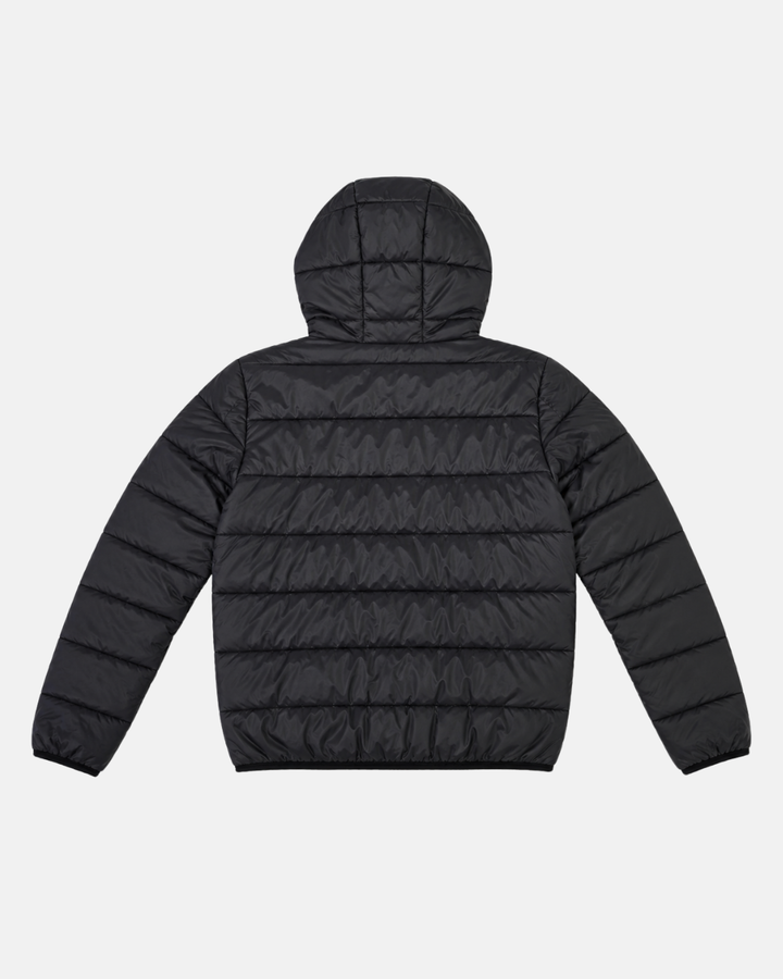 A 26-27 Padded Crest Jacket by Panthersland, shown from the back on a plain white background. This black jacket features horizontal quilted sections, long sleeves, a hood, and is finished with a distinctive silicone crest inspired by the Nottingham Panthers.