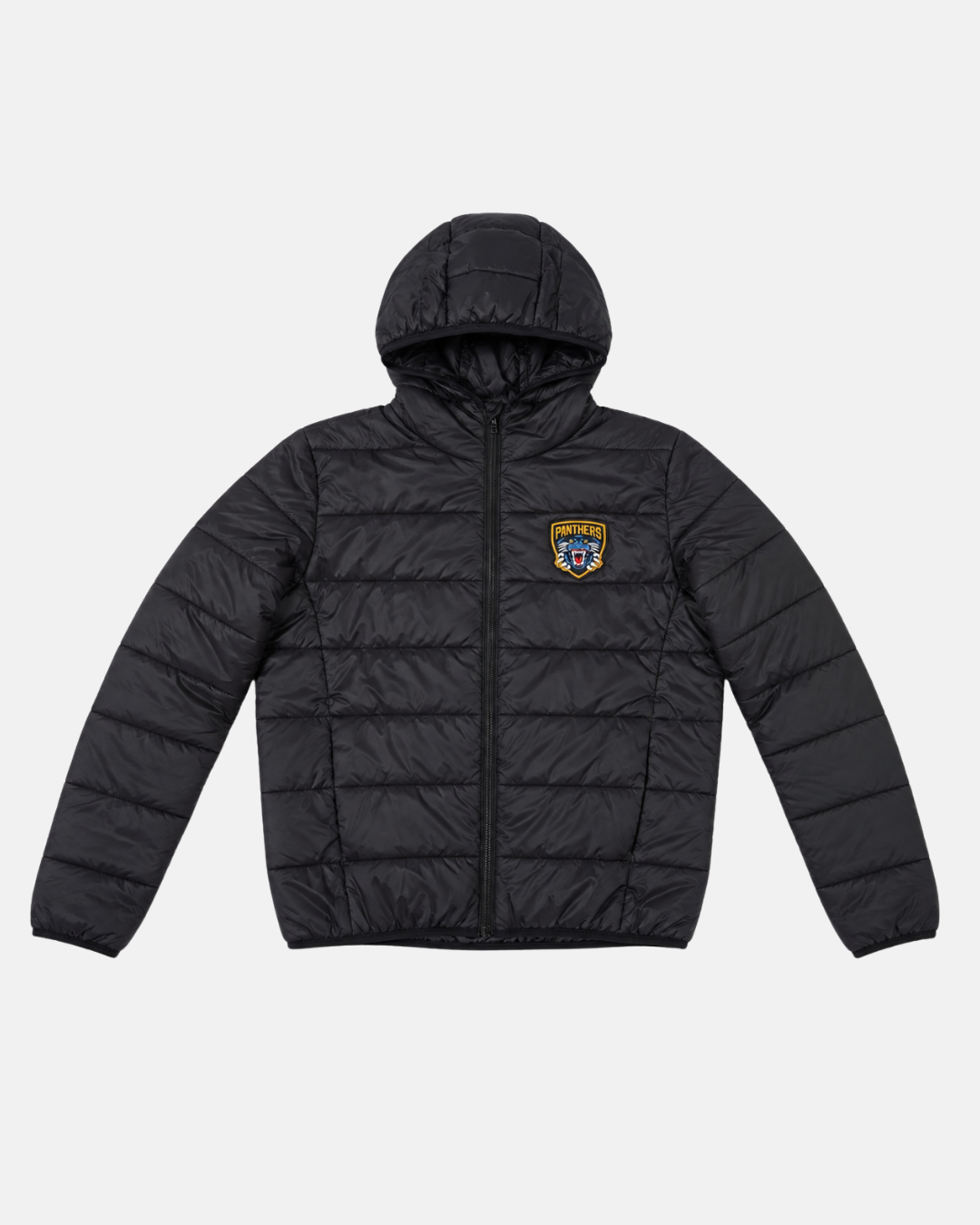 The Panthersland 26-27 Padded Crest Jacket is a black hooded puffer with a front zipper, displayed against a plain white background. Accented with an embroidered NYPD logo patch on the left chest and a stylish silicone crest, this jacket ensures both warmth and standout appeal.
