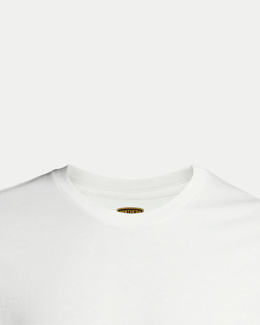 Close-up of the upper part of the Nottingham Panthers Made To Order Champions Elite League Playoffs 2025 T-shirt in white, featuring a small, partially visible yellow tag inside the collar against a plain white background.