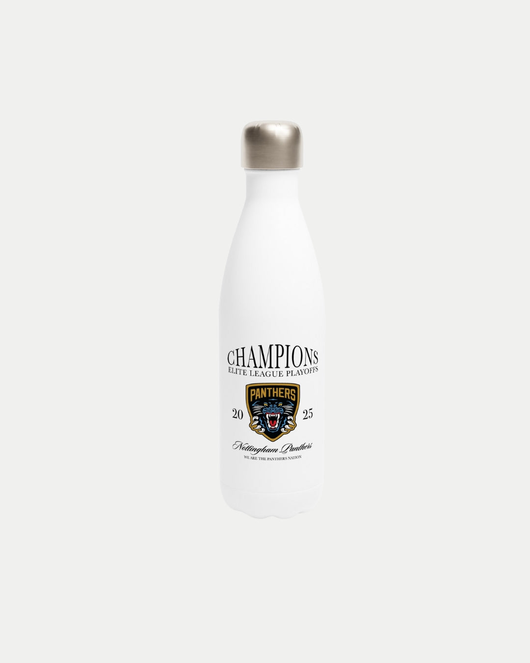 The Nottingham Panthers Made To Order Champions Elite League Playoffs 2025 White 17oz Stainless Steel Water Bottle showcases Champions Elite League Playoffs, a Panthers logo, 2025, and distinguished qualities text on a white finish with a silver cap.