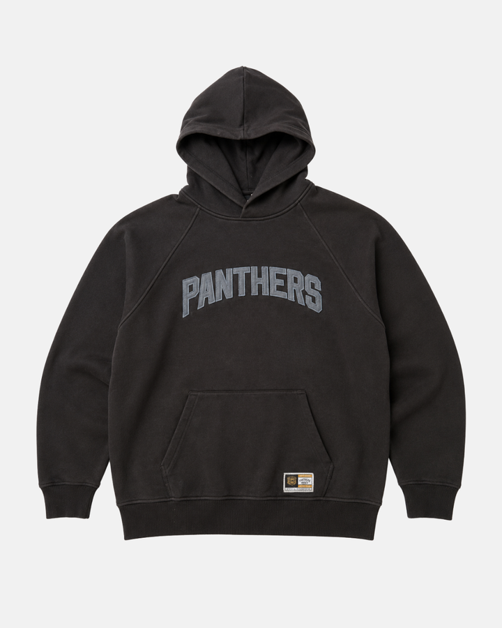 Meet the 26-27 Black Tonal Hoodie from Panthersland—a relaxed fit black hooded sweatshirt featuring bold PANTHERSLAND lettering in gray across the chest and a convenient front kangaroo pocket, perfect for making a standout statement in your casual wardrobe.