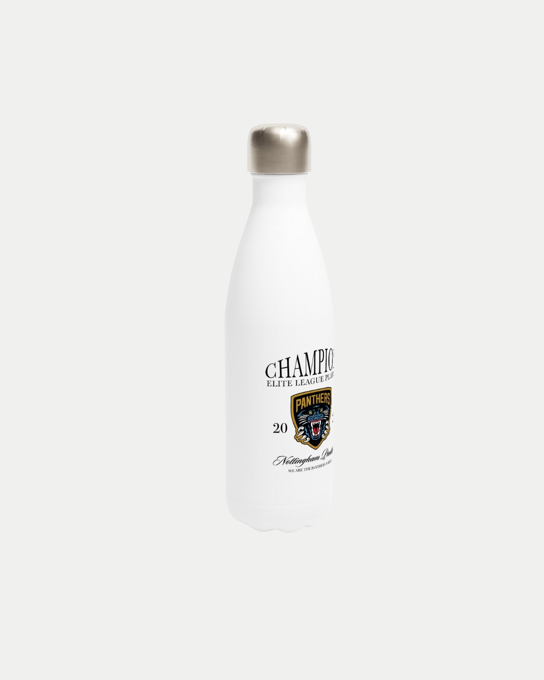 The Nottingham Panthers Made To Order Champions Elite League Playoffs 2025 White 17oz stainless steel bottle features double-wall insulation, a silver cap, and a label with the stylized panther head and shield team logo.