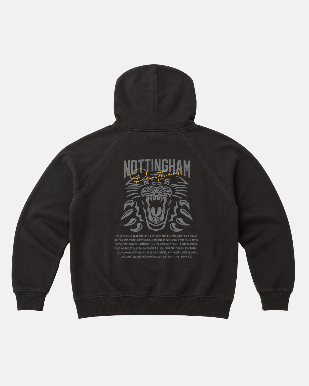 The 26-27 Black Tonal Hoodie by Panthersland features “NOTTINGHAM” in bold lettering, an illustrated roaring lion, and gray and yellow lines of smaller text printed on the back. This relaxed fit hoodie is an essential addition to any casual wardrobe.