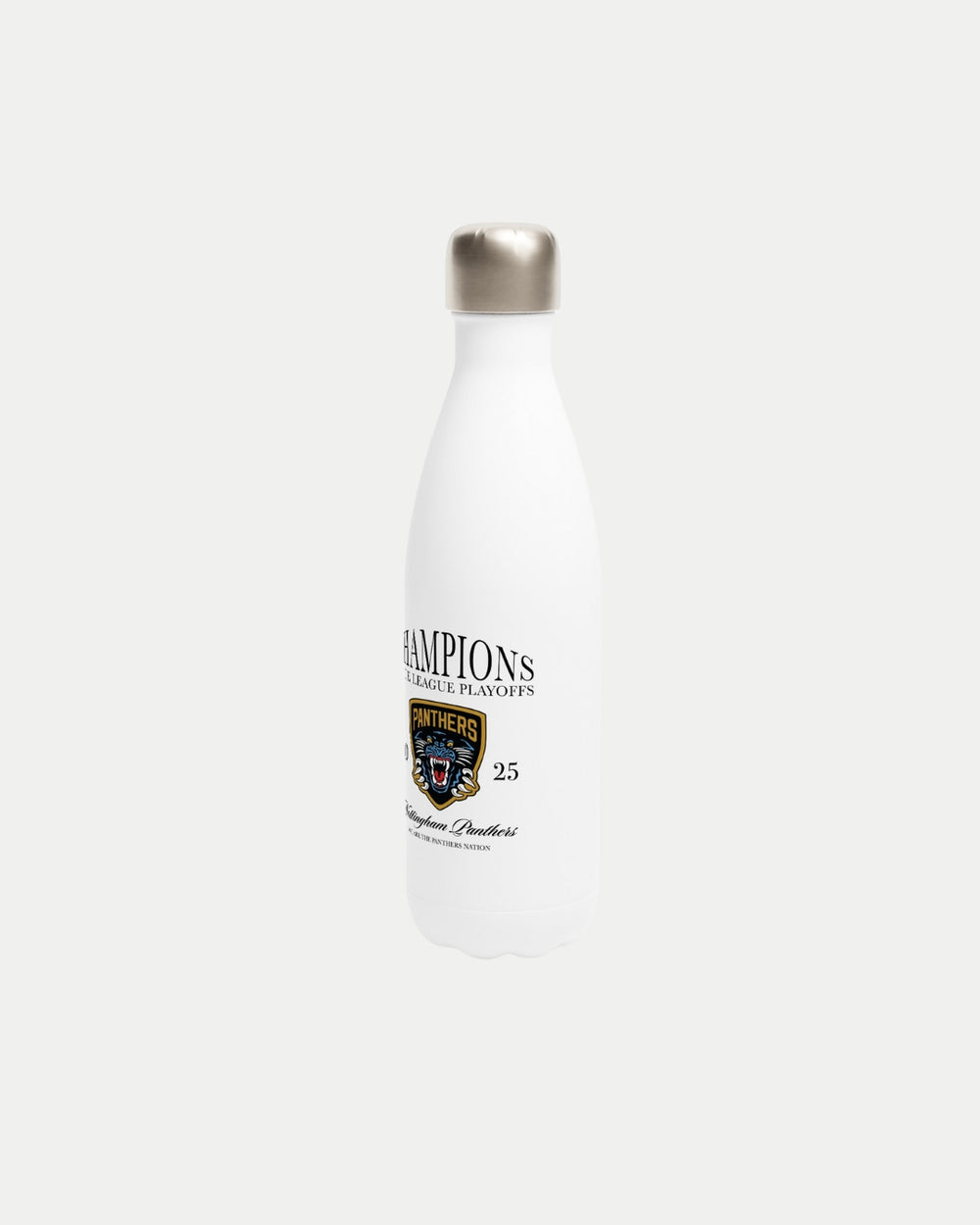 The Nottingham Panthers Made To Order Champions Elite League Playoffs 2025 White 17oz stainless steel water bottle features double-wall insulation, a silver cap, and displays CHAMPIONS, PANTHERS, a logo, 25, and Stanley Cup Playoffs.