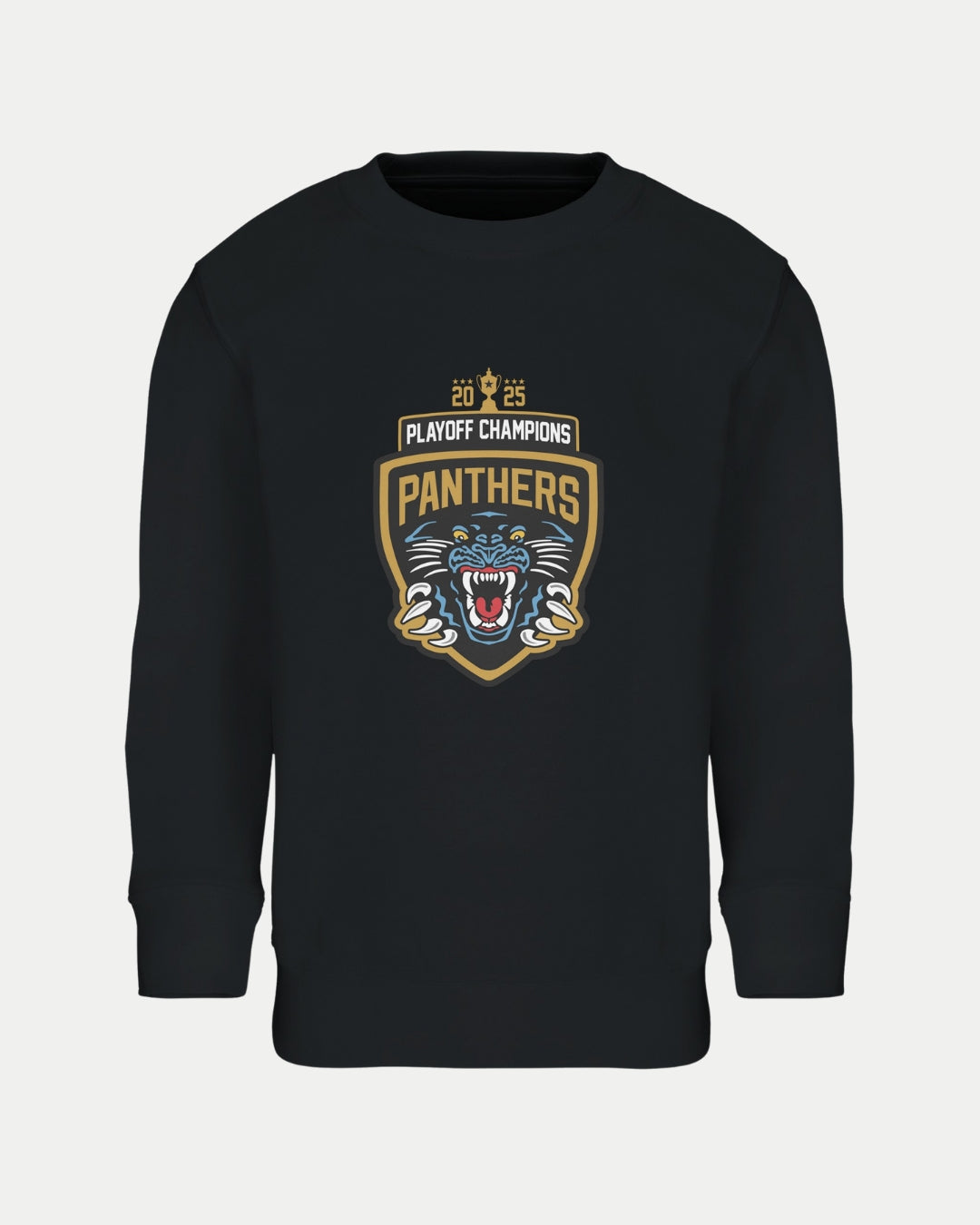 The Nottingham Panthers Made To Order Panthers 2025 Playoff Champions Kids Sweatshirt Black features a bold gold-and-black shield logo with a roaring panther head—an eco-friendly choice for young fans.
