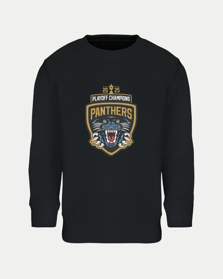 The Nottingham Panthers Made To Order Panthers 2025 Playoff Champions Kids Sweatshirt Black features a bold gold-and-black shield logo with a roaring panther head—an eco-friendly choice for young fans.