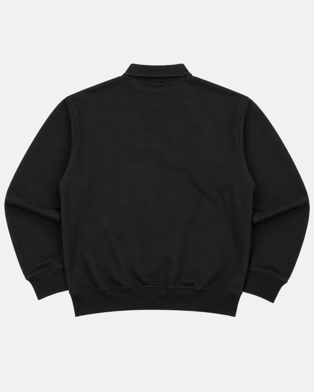 A Panthersland 26-27 Black Tonal Sweater is displayed from the back, laid flat on a white background. This sweatshirt features long sleeves, ribbed cuffs, and a ribbed hem, presenting a simple yet classic rugby-inspired style.