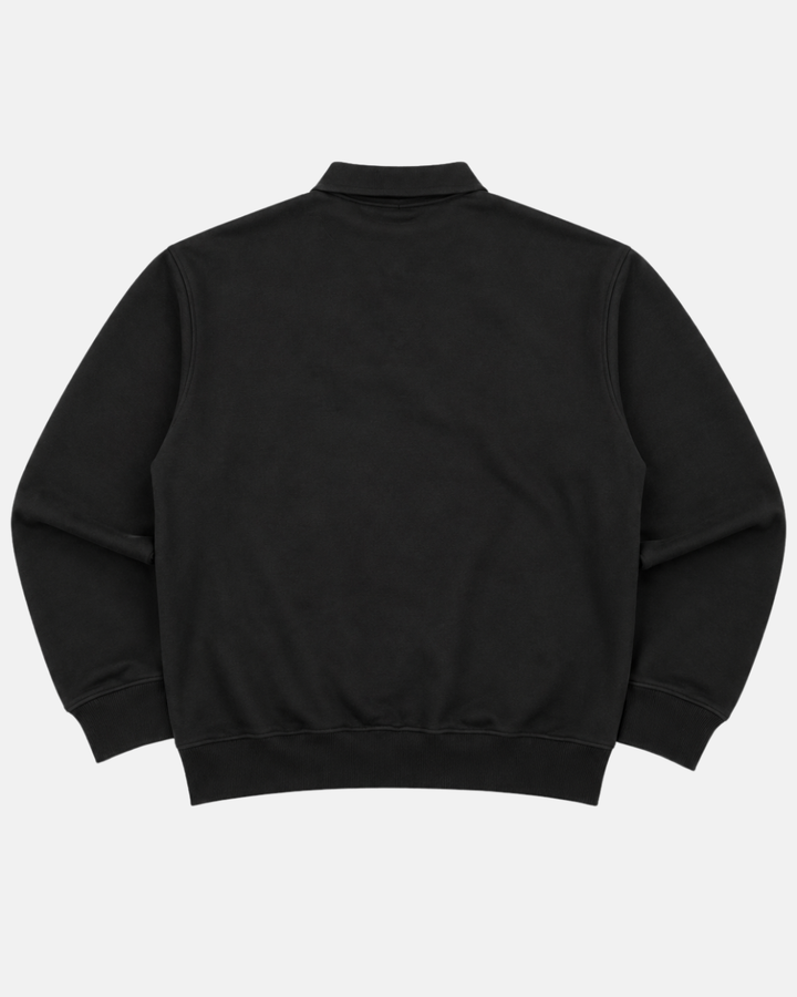 A Panthersland 26-27 Black Tonal Sweater is displayed from the back, laid flat on a white background. This sweatshirt features long sleeves, ribbed cuffs, and a ribbed hem, presenting a simple yet classic rugby-inspired style.
