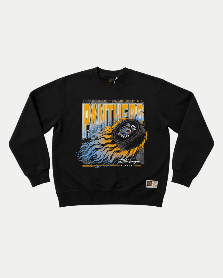 The Panthersland 26-27 Puck Crewneck is made from premium black fabric and showcases a striking puck-with-flames graphic on the front, highlighted by bold yellow “PANTHERS” text and distinct signature details.