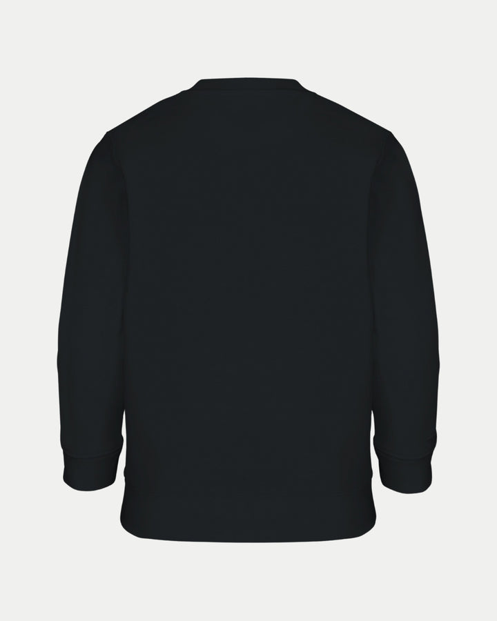 The image shows the back of the Nottingham Panthers Made To Order 2025 Playoff Champions Kids Sweatshirt in black, featuring a crew neckline and ribbed cuffs and hem, made from a soft cotton recycled polyester blend.