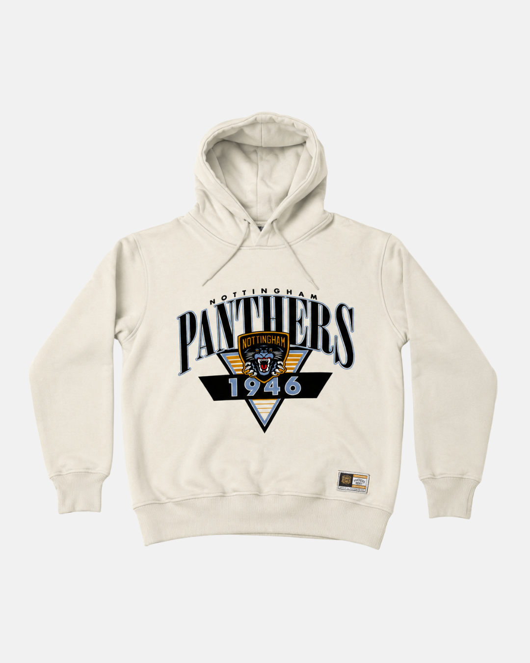 Introducing the Panthersland 26-27 Vintage Hoodie in a classic cream color, showcasing “Nottingham Panthers 1946” and a striking Panthers crest logo on the front. A small rectangular patch near the lower left hem completes the look, enhancing its timeless vintage Panthers appeal.
