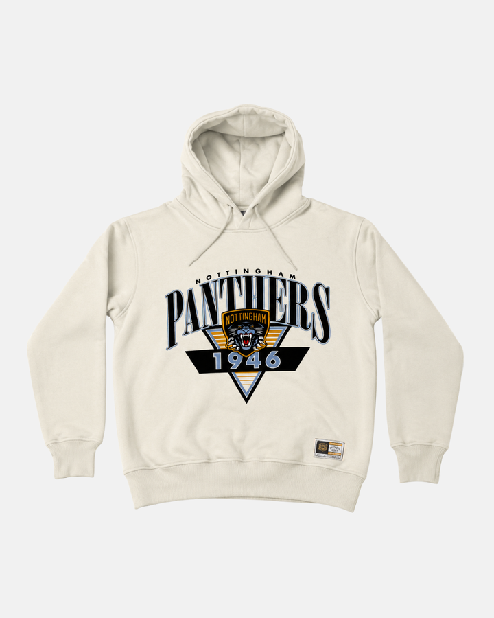 Introducing the Panthersland 26-27 Vintage Hoodie in a classic cream color, showcasing “Nottingham Panthers 1946” and a striking Panthers crest logo on the front. A small rectangular patch near the lower left hem completes the look, enhancing its timeless vintage Panthers appeal.