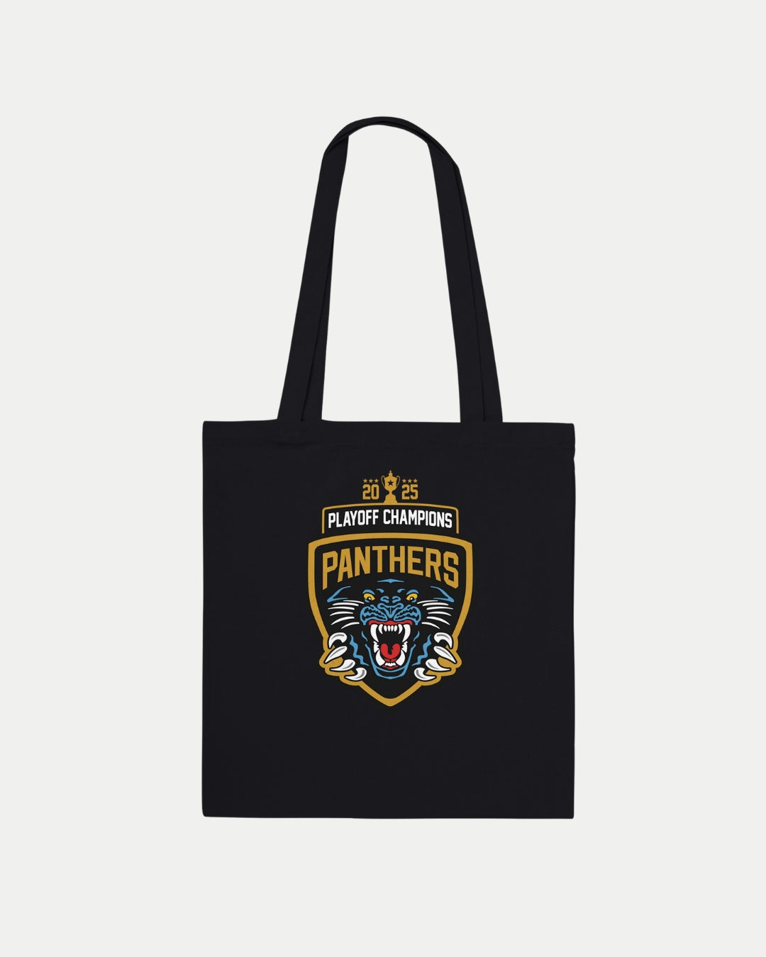 Show off your team pride with the Nottingham Panthers Made To Order 2025 Playoff Champions Tote Bag in black, featuring a gold-accented snarling panther logo on 100% cotton—perfect for eco-conscious fans.