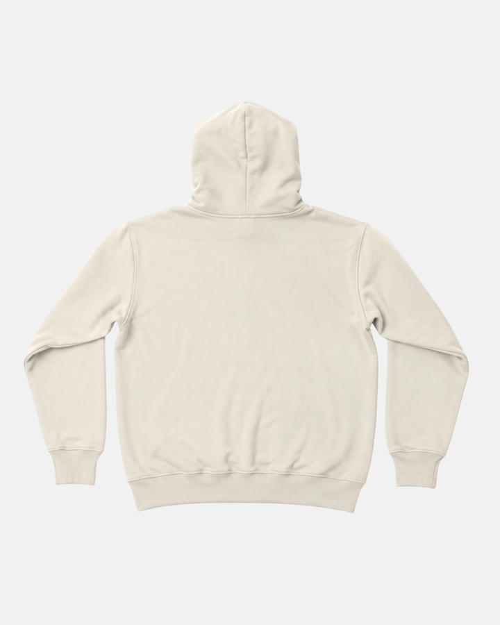 The Panthersland 26-27 Vintage Hoodie in beige is laid flat, displayed from the back with sleeves spread and the hood up against a plain white background—highlighting its subtle vintage Panthersland style for a timeless, classic look.