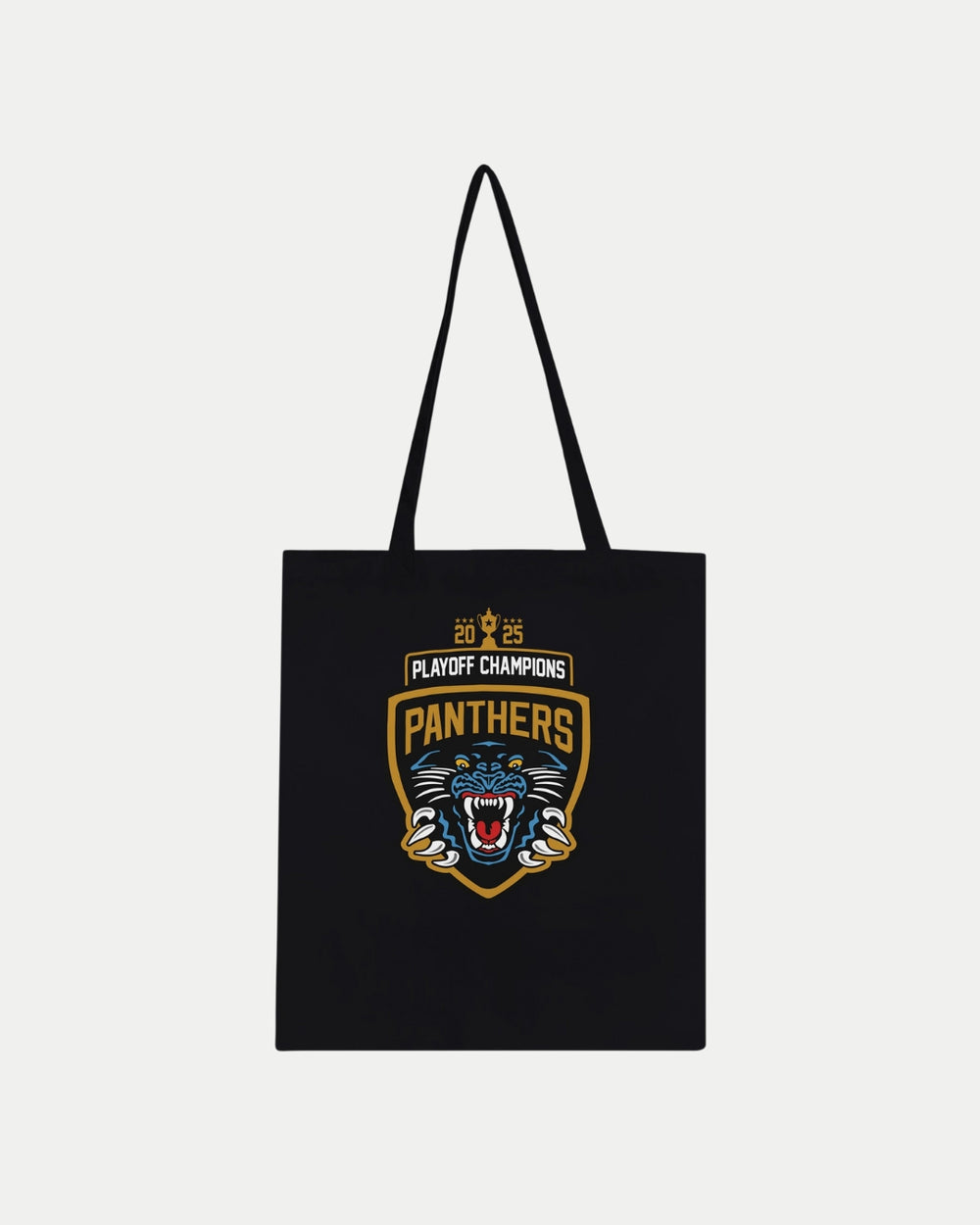 Show your Panthers pride with the Nottingham Panthers Made To Order 2025 Playoff Champions Tote Bag in black, featuring a roaring panther logo in yellow and blue—ideal for eco-conscious fans.