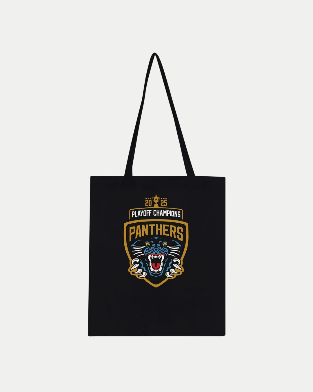 Show your Panthers pride with the Nottingham Panthers Made To Order 2025 Playoff Champions Tote Bag in black, featuring a roaring panther logo in yellow and blue—ideal for eco-conscious fans.