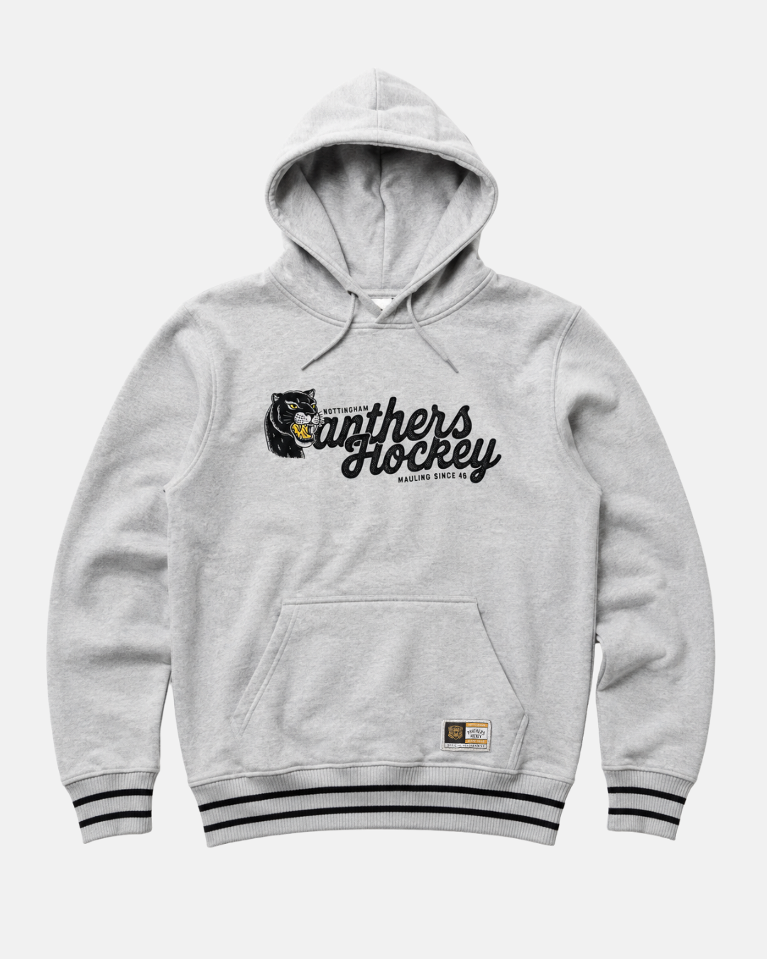 The 26-27 Grey Panther Hoodie from Panthersland is a light gray Nottingham Panthers hoodie that showcases bold “Panthers Hockey” text and a striking panther graphic across the chest. It features a front pocket, black-striped cuffs and hem, plus a small stitched patch near the bottom hem for added detail.