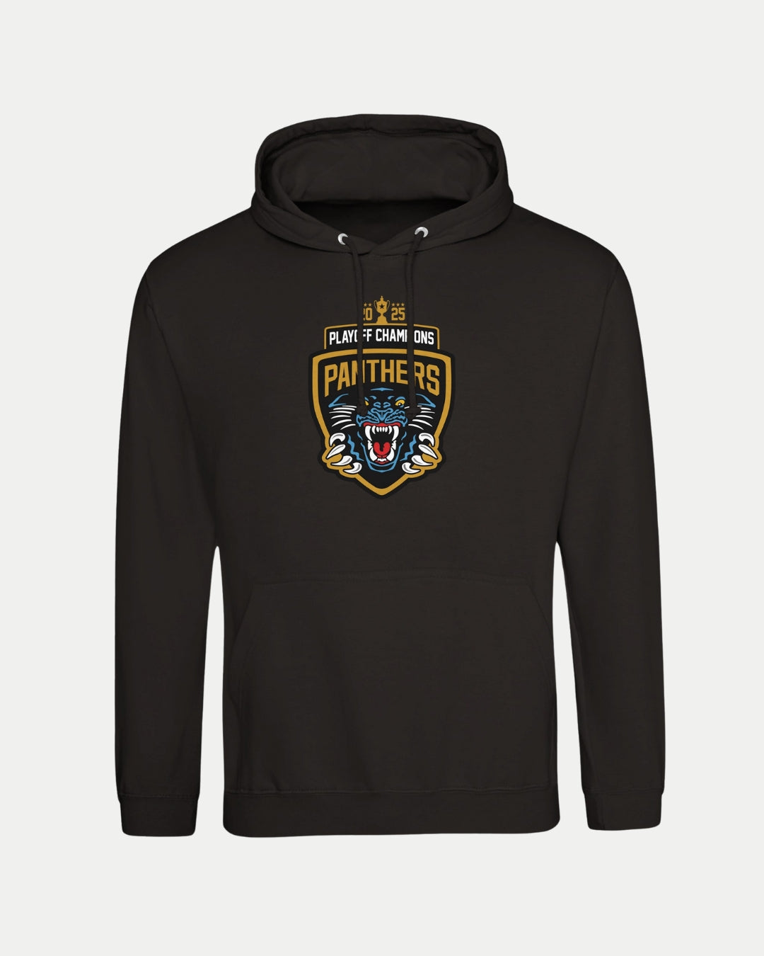 The Nottingham Panthers Made To Order 2025 Playoff Champions Hoodie in black is a unisex fit featuring a crest-style logo with PLAY OF CHAMPIONS PANTHERS above an illustrated snarling panther head on the front.