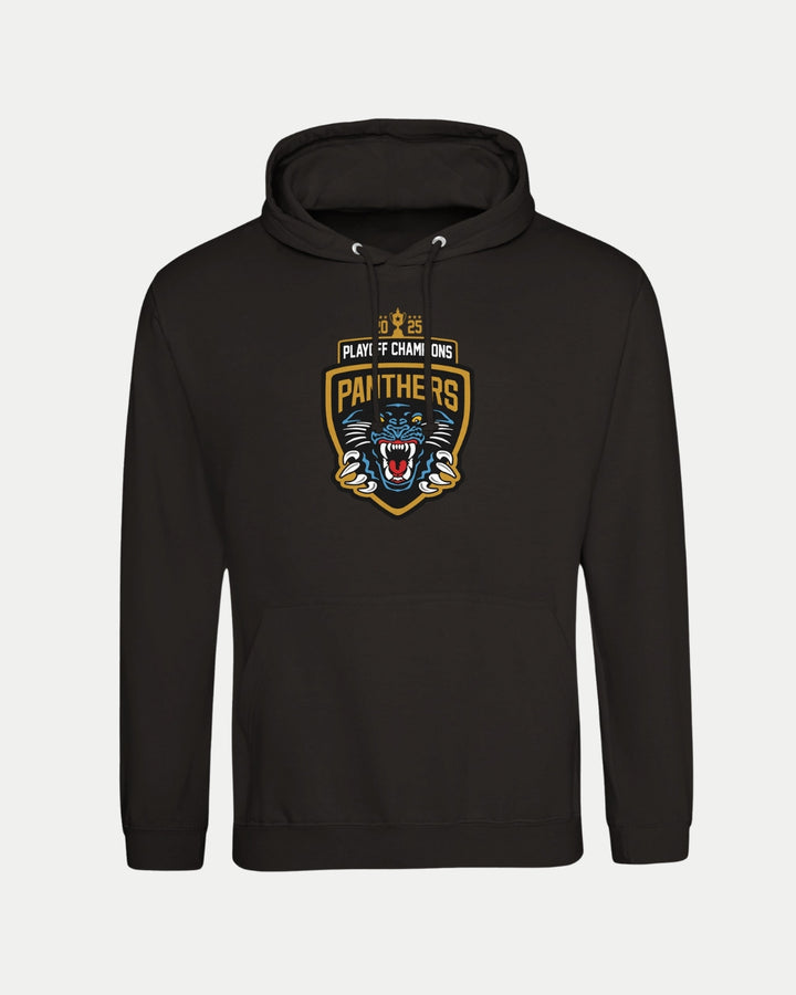 The Nottingham Panthers Made To Order 2025 Playoff Champions Hoodie in black is a unisex fit featuring a crest-style logo with PLAY OF CHAMPIONS PANTHERS above an illustrated snarling panther head on the front.