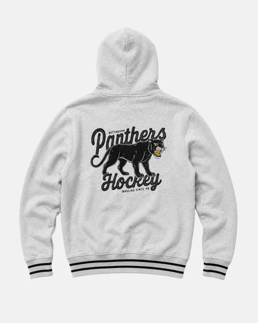 Introducing the Panthersland 26-27 Grey Panther Hoodie—a stylish grey hoodie accented with black striped cuffs and hem. This striking jacket showcases a bold black panther illustration and “Panthers Hockey” text on the back, while smaller lettering reads “Nottingham” and “Mauling Since 46.” It’s the perfect choice for any dedicated Nottingham Panthers hoodie fan.