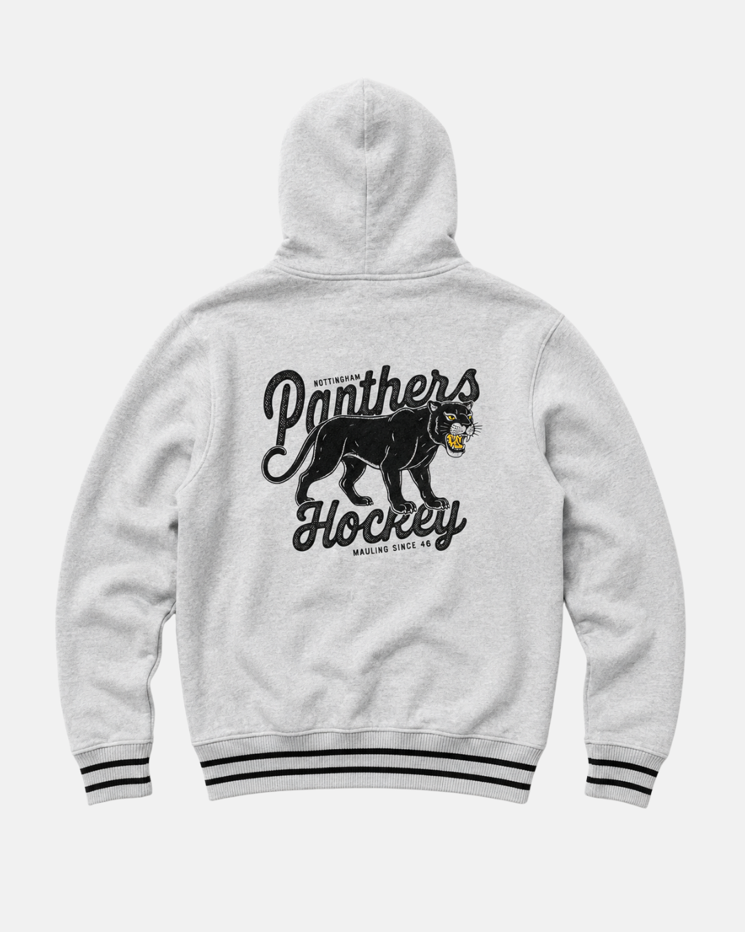 Introducing the Panthersland 26-27 Grey Panther Hoodie—a stylish grey hoodie accented with black striped cuffs and hem. This striking jacket showcases a bold black panther illustration and “Panthers Hockey” text on the back, while smaller lettering reads “Nottingham” and “Mauling Since 46.” It’s the perfect choice for any dedicated Nottingham Panthers hoodie fan.