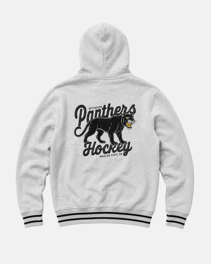 Introducing the Panthersland 26-27 Grey Panther Hoodie—a stylish grey hoodie accented with black striped cuffs and hem. This striking jacket showcases a bold black panther illustration and “Panthers Hockey” text on the back, while smaller lettering reads “Nottingham” and “Mauling Since 46.” It’s the perfect choice for any dedicated Nottingham Panthers hoodie fan.