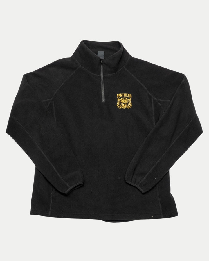 The Panthersland Nottingham Panthers Fleece Half Zip Black 25-26 is a lightweight, long sleeve pullover featuring an embroidered yellow Panthers chest logo with a stylized panther head. Perfect for casual everyday wear.