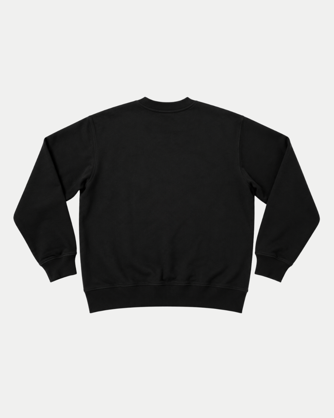 The Panthersland 26-27 Puck Crewneck, crafted from premium black fabric, is laid flat on a white background, displaying the back view with long sleeves and ribbed cuffs and waistband.