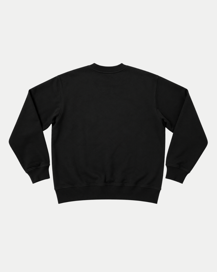 The Panthersland 26-27 Puck Crewneck, crafted from premium black fabric, is laid flat on a white background, displaying the back view with long sleeves and ribbed cuffs and waistband.