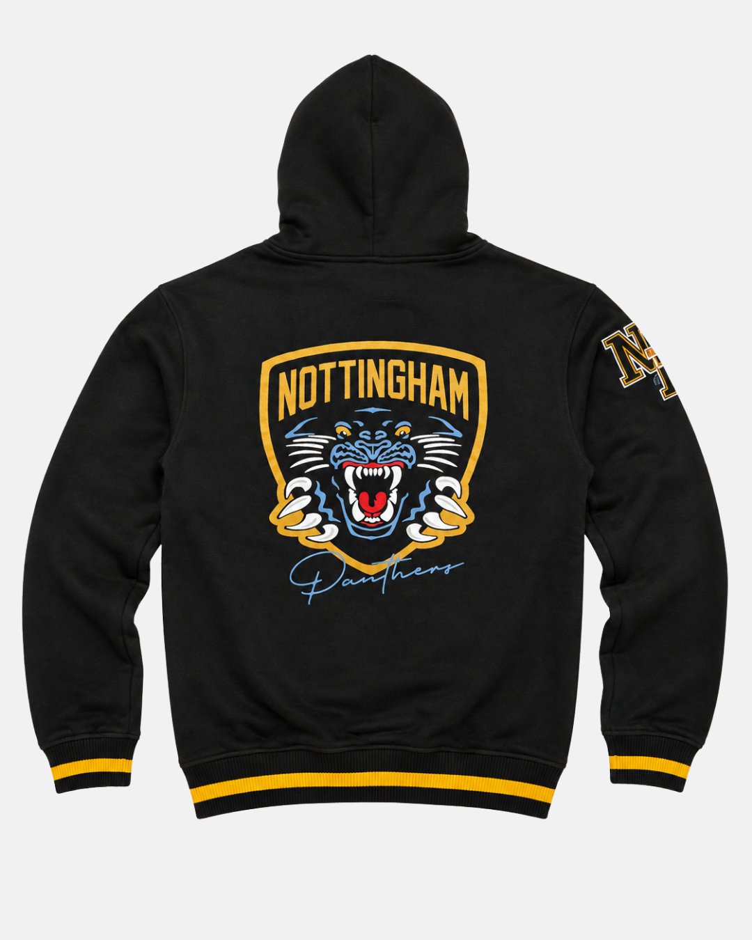 The Panthersland 26-27 NP Signature Hoodie is a black hoodie featuring a bold Nottingham Panthers crest with a roaring panther on the back, finished with yellow and white trim and NP initials on the left sleeve.