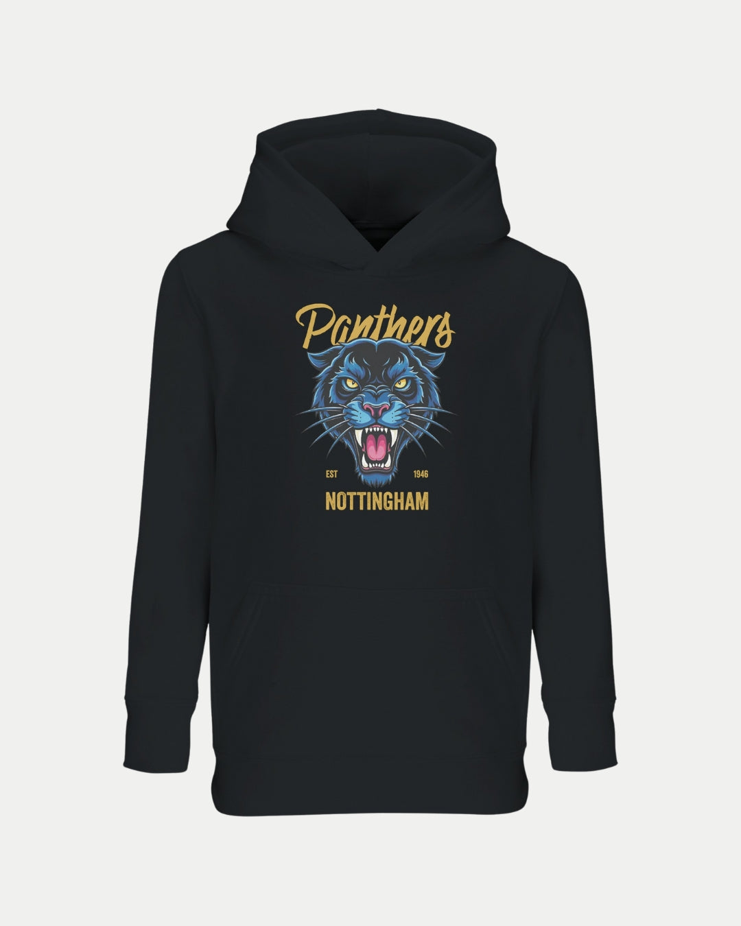 The Made To Order Panthers Graphic Kids Hoodie Black by Nottingham Panthers features a roaring blue panther, “Panthers” in yellow script, and “NOTTINGHAM EST 1946.” This eco-friendly sweatshirt is perfect for young fans.