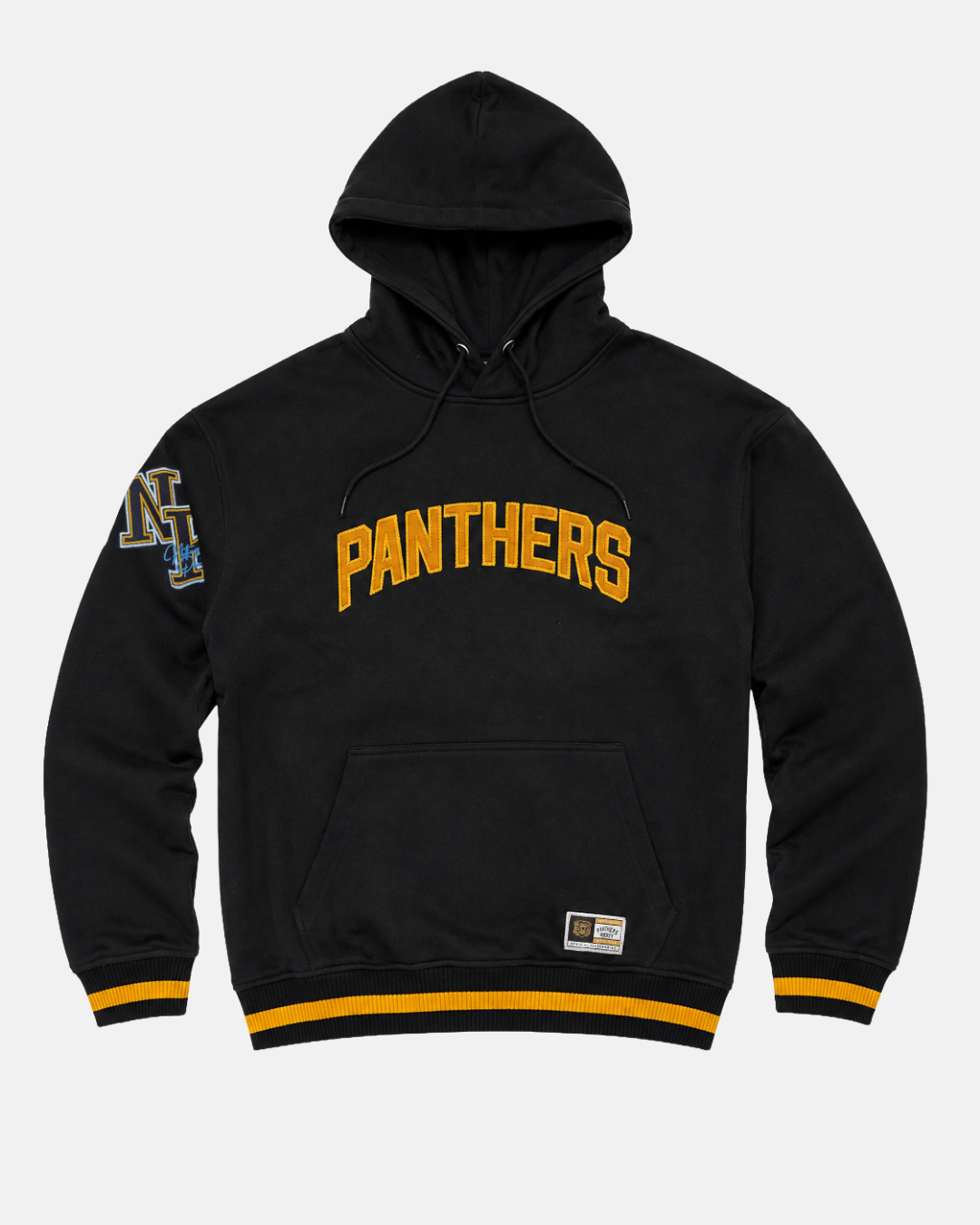 Panthersland 26-27 NP Signature Hoodie features bold yellow “PANTHERS” lettering across the front, a practical front pocket, yellow-striped cuffs and hem, and an NL crest patch on the left sleeve.