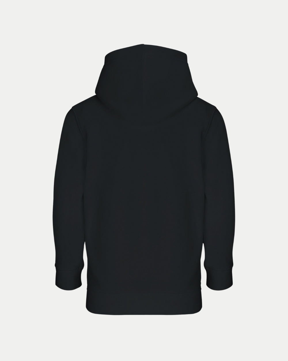 The Made To Order Panthers Graphic Kids Hoodie in black by Nottingham Panthers is displayed from the back on a white background. This kids hoodie has long sleeves, a relaxed fit, and a plain design with no visible logos or patterns.