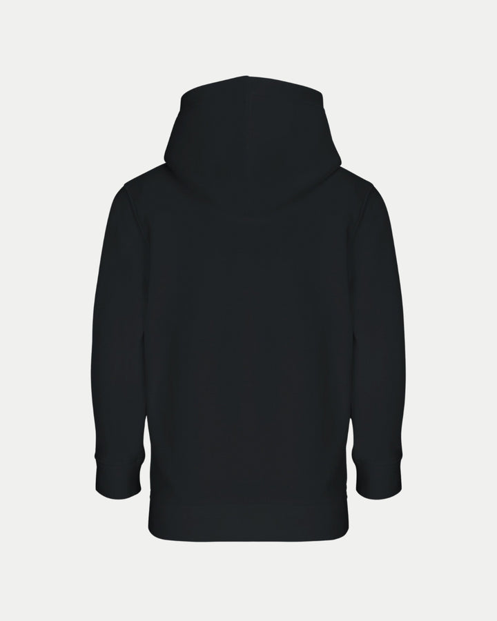 The Made To Order Panthers Graphic Kids Hoodie in black by Nottingham Panthers is displayed from the back on a white background. This kids hoodie has long sleeves, a relaxed fit, and a plain design with no visible logos or patterns.