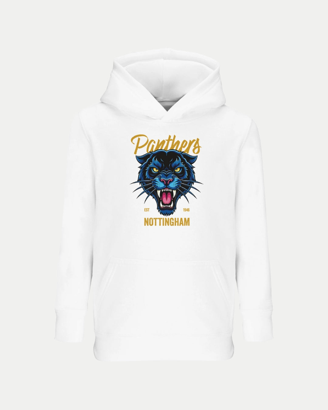 The Made To Order Panthers Graphic Kids Hoodie White by Nottingham Panthers features a roaring black panther, “Panthers” in yellow script, and “Nottingham EST 1946” in gold. This eco-friendly kids’ hoodie is made for unique style and comfort.
