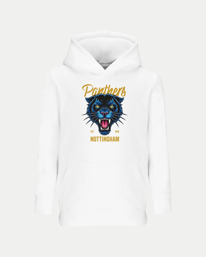 The Made To Order Panthers Graphic Kids Hoodie White by Nottingham Panthers features a roaring black panther, “Panthers” in yellow script, and “Nottingham EST 1946” in gold. This eco-friendly kids’ hoodie is made for unique style and comfort.