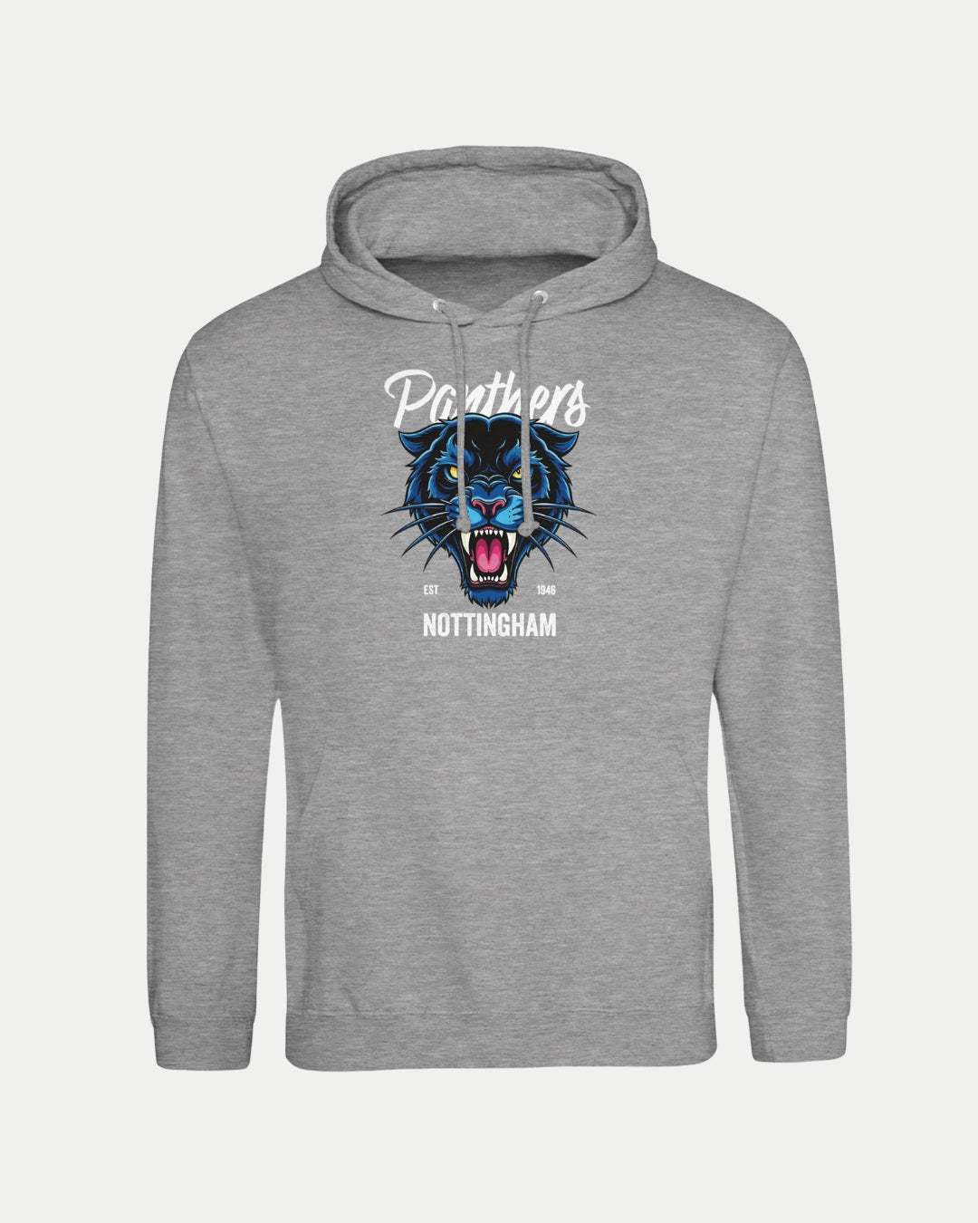 The Made To Order Panthers Graphic Pullover Hoodie Grey by Nottingham Panthers features a roaring blue and black panther head graphic, with Panthers above, Nottingham below, and EST 1946. This unisex hoodie is stylish and comfortable.