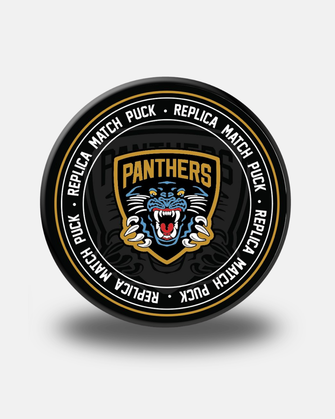 Show your team pride with the Panthersland Nottingham Panthers Replica Match Puck. Featuring a snarling panther logo and the word “PANTHERS” on a gold shield, this black hockey puck is an ideal collectible for any Nottingham Panthers supporter. The edge displays “REPLICA MATCH PUCK” in white lettering against a black background.