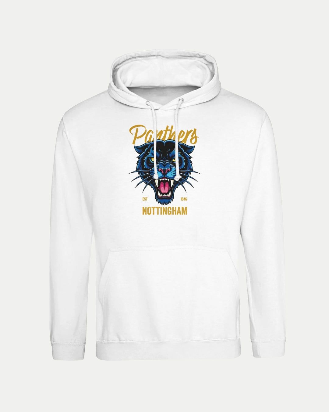 The Made To Order Panthers Graphic Pullover Hoodie White by Nottingham Panthers features a roaring black panther head, yellow Panthers above, Nottingham below, and Est 1946—a bold unisex statement for any fan.