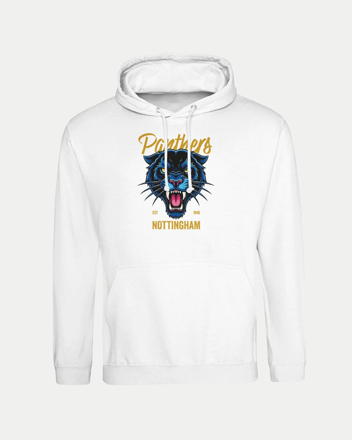 The Made To Order Panthers Graphic Pullover Hoodie White by Nottingham Panthers features a roaring black panther head, yellow Panthers above, Nottingham below, and Est 1946—a bold unisex statement for any fan.
