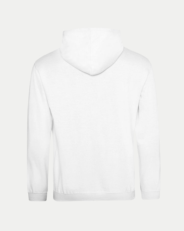 The Made To Order Panthers Graphic Pullover Hoodie White by Nottingham Panthers is a unisex hoodie with long sleeves, ribbed cuffs, and waistband, made of ringspun cotton for a classic look. No visible logos or designs shown on the back view.