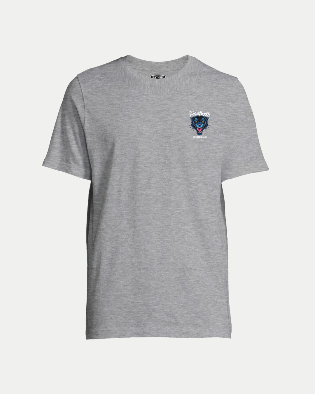 The Nottingham Panthers Made To Order Panthers Graphic T-Shirt Grey is a unisex, custom-made light gray tee featuring a small panthers head and Brooklyn text on the left chest.