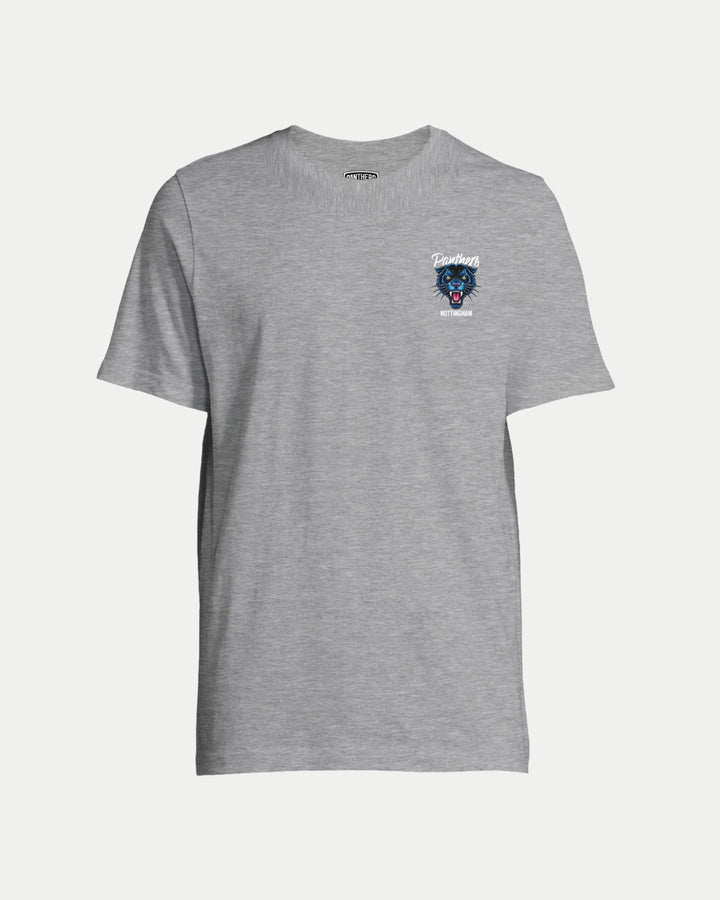 The Nottingham Panthers Made To Order Panthers Graphic T-Shirt Grey is a unisex, custom-made light gray tee featuring a small panthers head and Brooklyn text on the left chest.