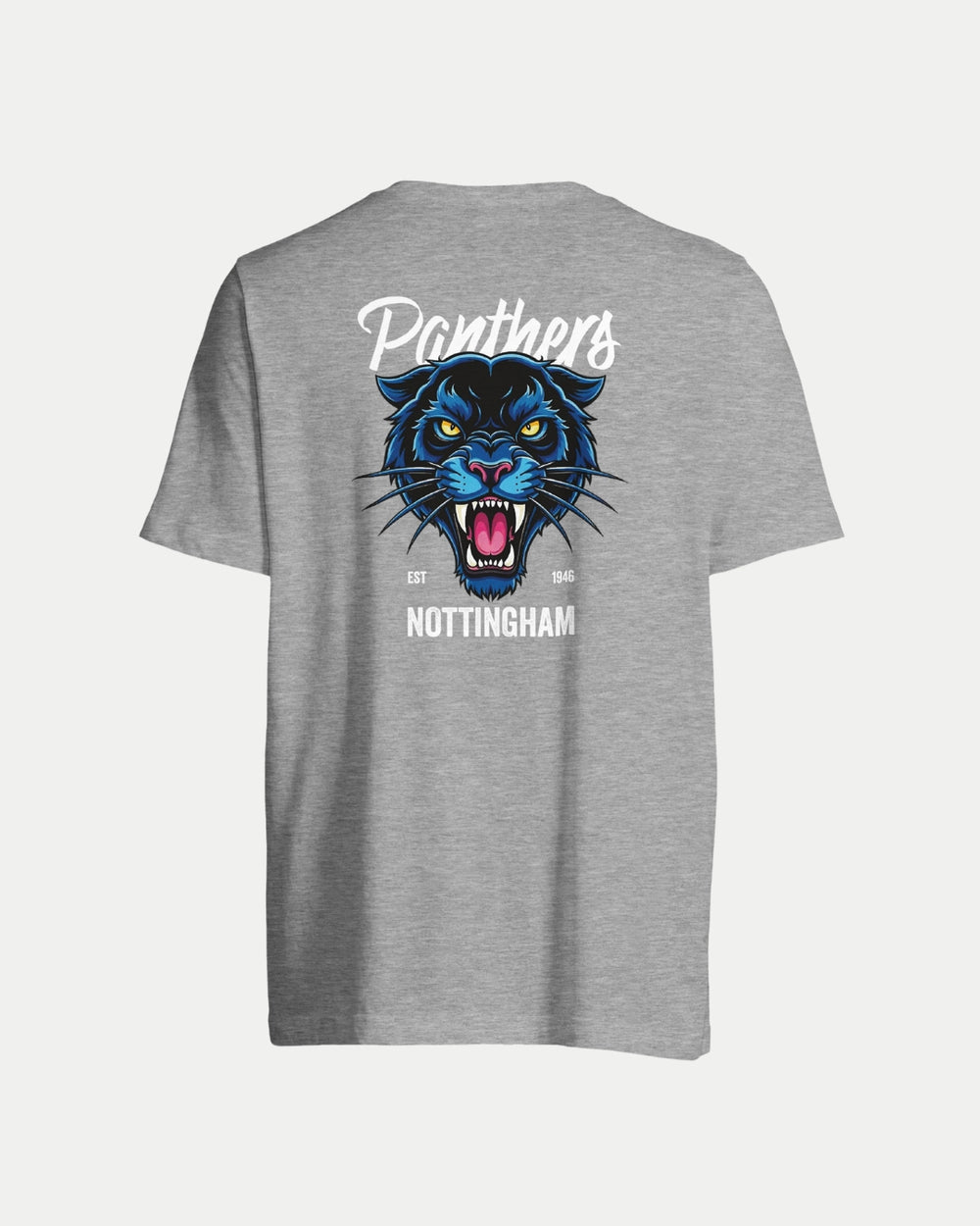 The Nottingham Panthers Made To Order Panthers Graphic T-Shirt in grey boasts a striking blue panther head graphic on the back, with Panthers, Est 1946, and Nottingham printed above and below. This unisex tee is eco-conscious and made-to-order.
