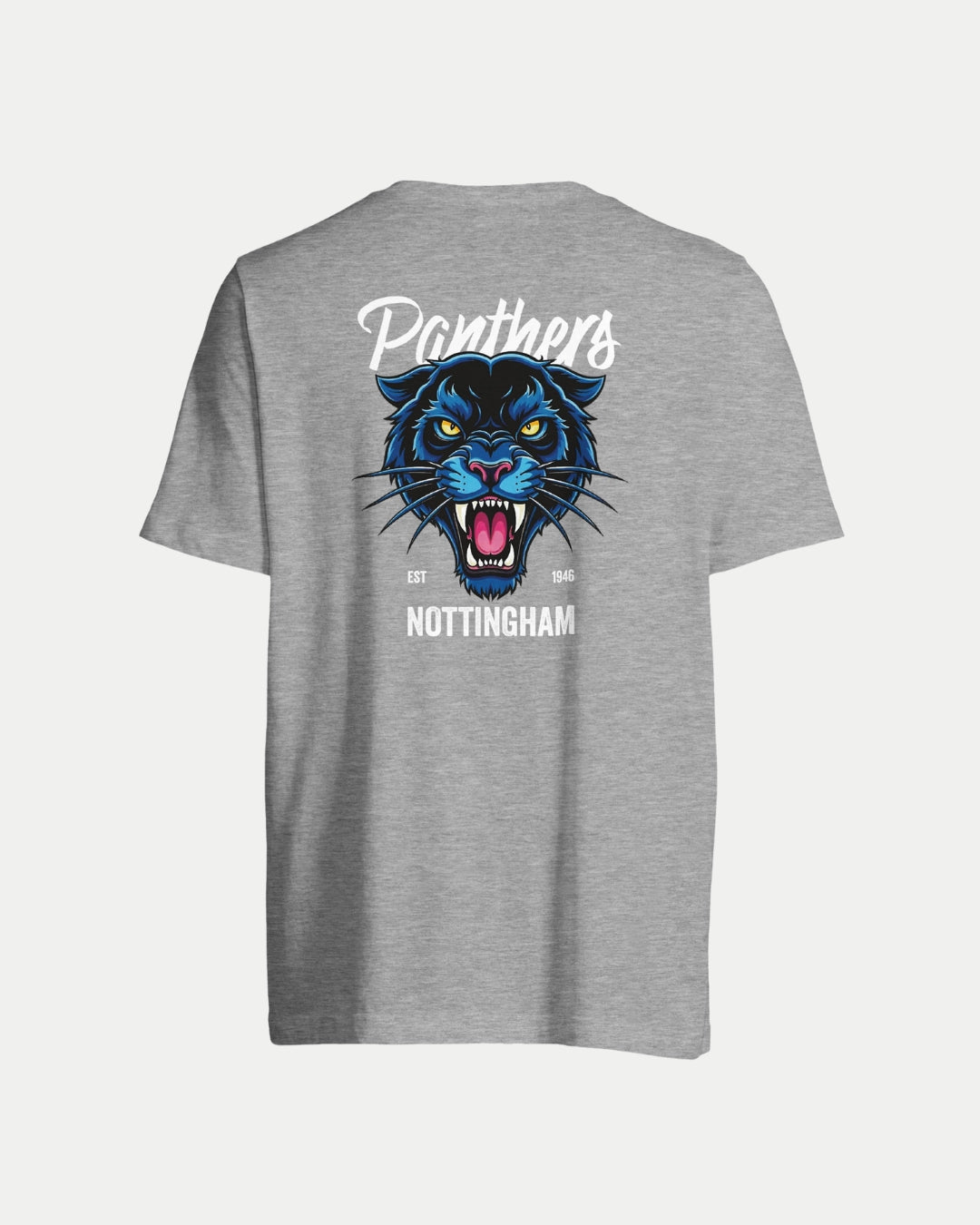 The Nottingham Panthers Made To Order Panthers Graphic T-Shirt in grey boasts a striking blue panther head graphic on the back, with Panthers, Est 1946, and Nottingham printed above and below. This unisex tee is eco-conscious and made-to-order.