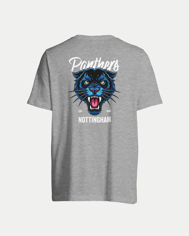 The Nottingham Panthers Made To Order Panthers Graphic T-Shirt in grey boasts a striking blue panther head graphic on the back, with Panthers, Est 1946, and Nottingham printed above and below. This unisex tee is eco-conscious and made-to-order.