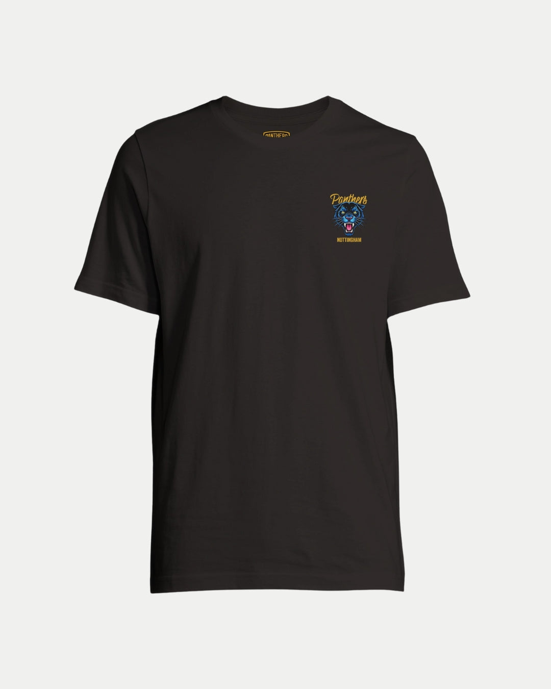 The Made To Order Panthers Graphic T-Shirt Black by Nottingham Panthers is a unisex tee featuring a small, colorful cartoon panther head and Panthers in yellow on the left chest, combining unique style and comfort for everyday wear.