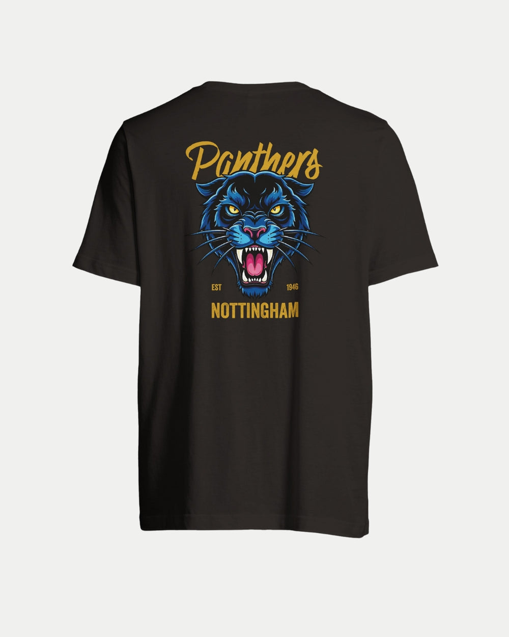 The Nottingham Panthers Made To Order Panthers Graphic T-Shirt Black features a roaring blue panther, Panthers in yellow script, and EST 1946 NOTTINGHAM on the back for a unique, personalized style.