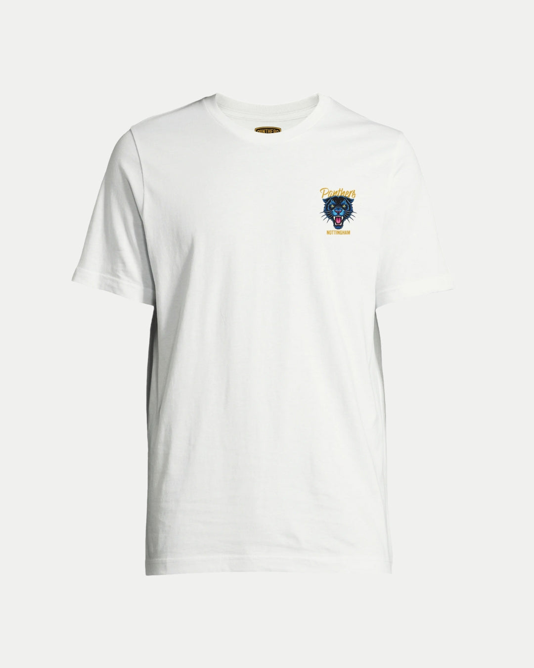 The Made To Order Panthers Graphic T-Shirt White by Nottingham Panthers is a unisex tee with a small cartoon panther head and Panthers in yellow on the left chest—ideal for fans who value both style and comfort.